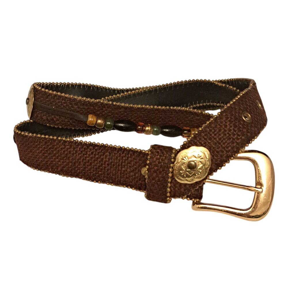 Vintage Genuine Leather Belt 37 Inch Beaded With Metal Plates Western Embroidery